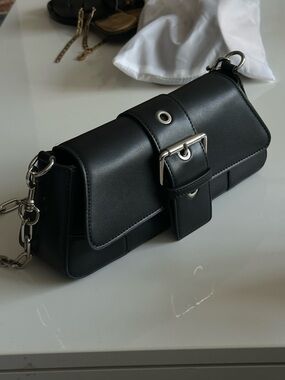 Lichi Black Faux Leather Buckle Shoulder Bag with Silver Hardware